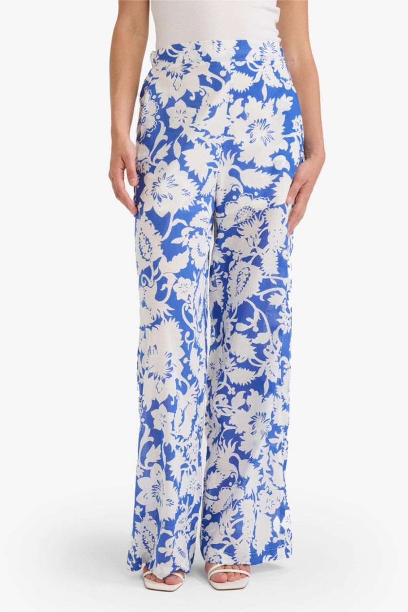 Женщины Саксонский синий Палласо брюки с рисунком из вуали с высокой талией и широкими штанинами