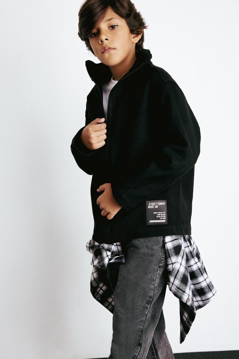 Erkek Çocuk - Genç Erkek Siyah Oversize Geniş Kalıp Dik Yaka Uzun Kollu Fermuarlı Gömlek Ceket Erkek Çocuk