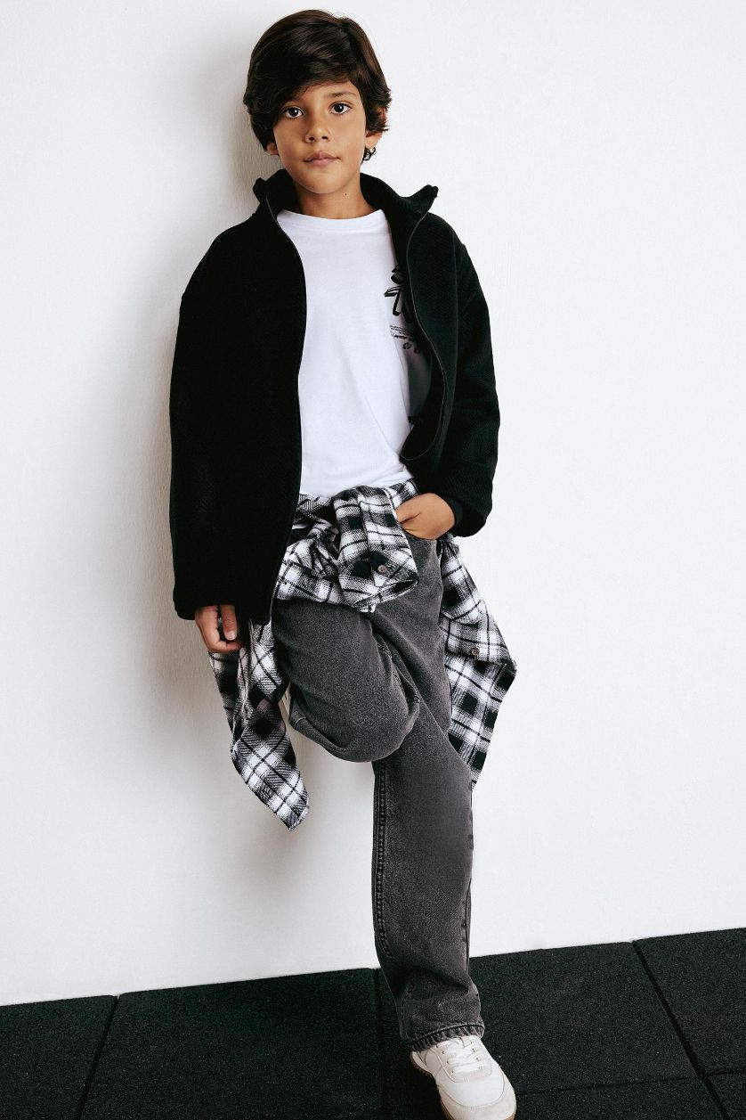 Erkek Çocuk - Genç Erkek Siyah Oversize Geniş Kalıp Dik Yaka Uzun Kollu Fermuarlı Gömlek Ceket Erkek Çocuk