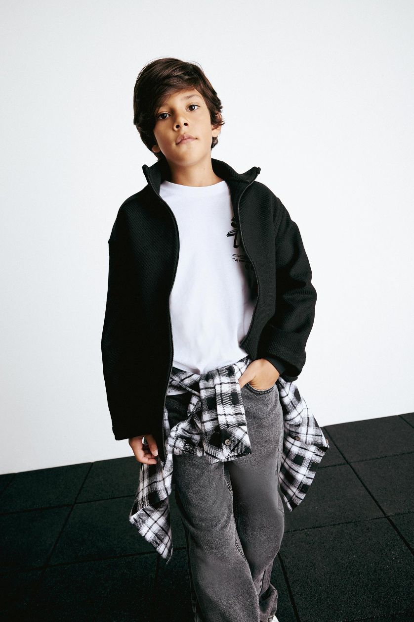 Erkek Çocuk - Genç Erkek Siyah Oversize Geniş Kalıp Dik Yaka Uzun Kollu Fermuarlı Gömlek Ceket Erkek Çocuk