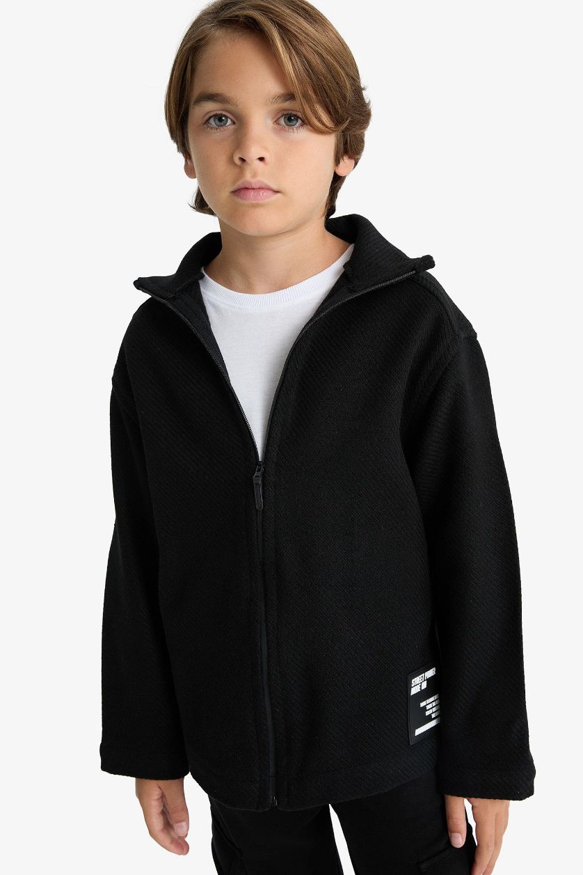 Erkek Çocuk - Genç Erkek Siyah Oversize Geniş Kalıp Dik Yaka Uzun Kollu Fermuarlı Gömlek Ceket Erkek Çocuk
