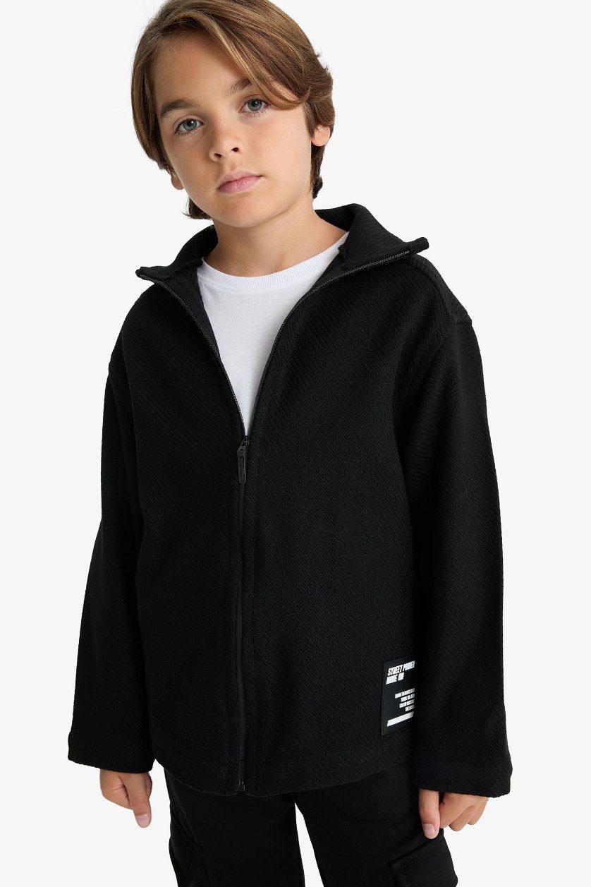 Erkek Çocuk - Genç Erkek Siyah Oversize Geniş Kalıp Dik Yaka Uzun Kollu Fermuarlı Gömlek Ceket Erkek Çocuk