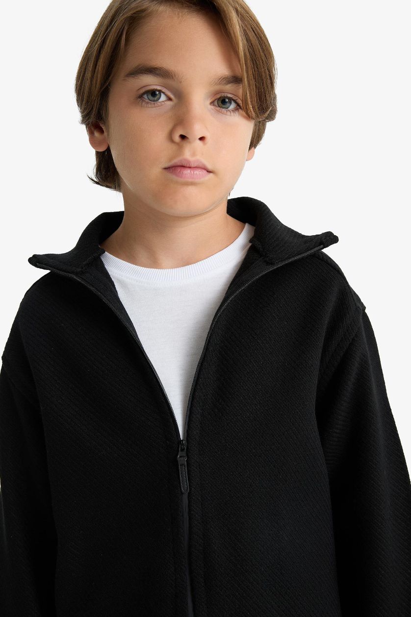 Erkek Çocuk - Genç Erkek Siyah Oversize Geniş Kalıp Dik Yaka Uzun Kollu Fermuarlı Gömlek Ceket Erkek Çocuk