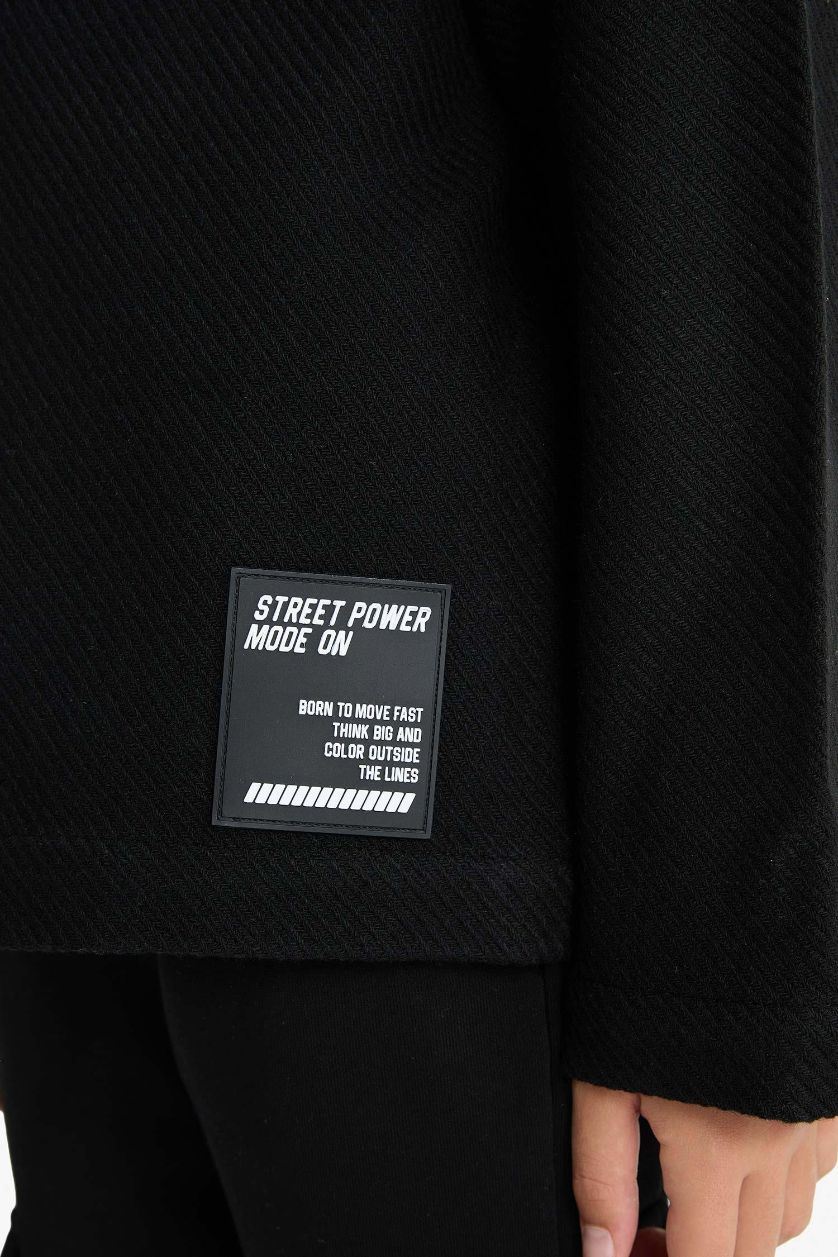 Erkek Çocuk - Genç Erkek Siyah Oversize Geniş Kalıp Dik Yaka Uzun Kollu Fermuarlı Gömlek Ceket Erkek Çocuk