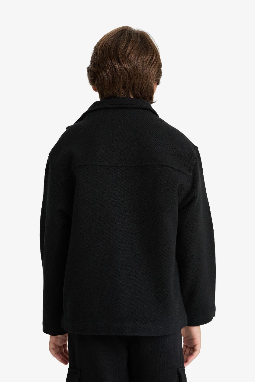 Erkek Çocuk - Genç Erkek Siyah Oversize Geniş Kalıp Dik Yaka Uzun Kollu Fermuarlı Gömlek Ceket Erkek Çocuk