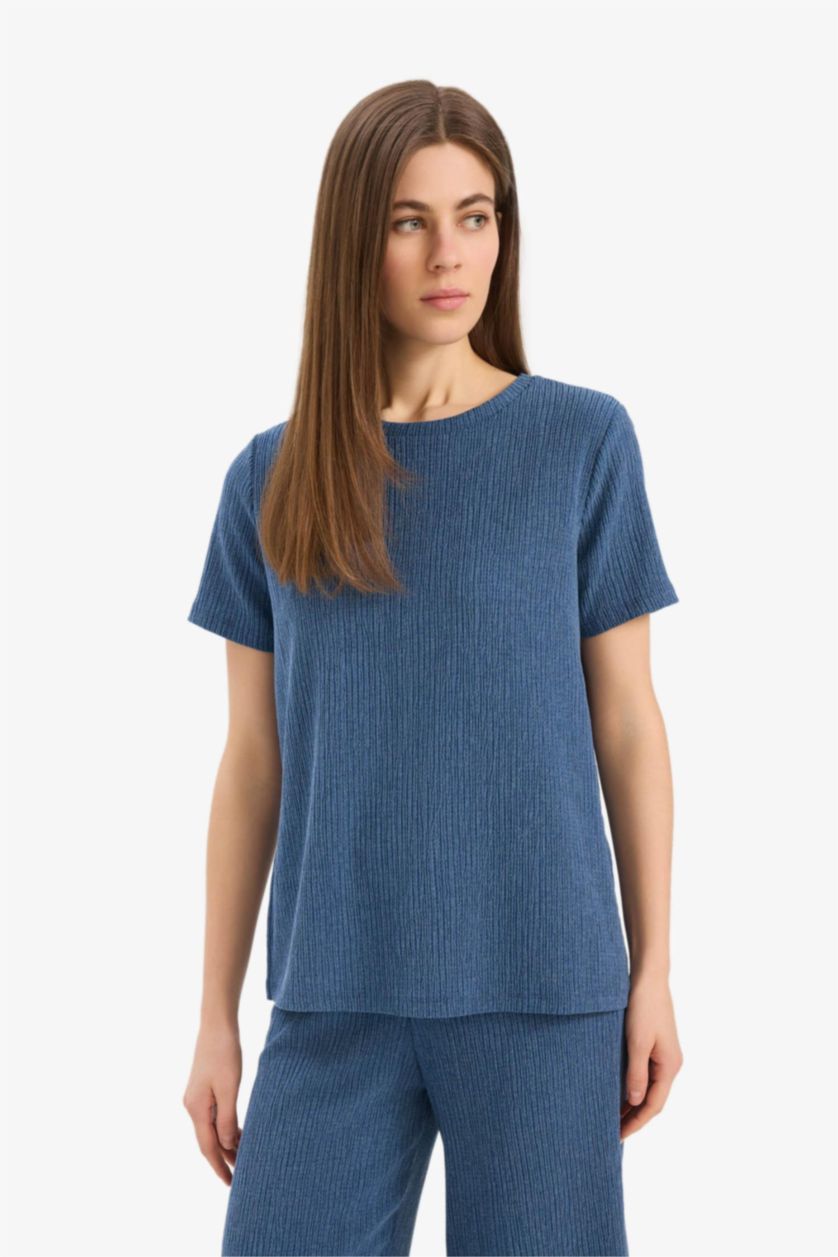 Kadın İndigo Regular Fit 2'li Bürümcük Takım Kısa Kollu Tişört Esnek Belli Kapri Alt