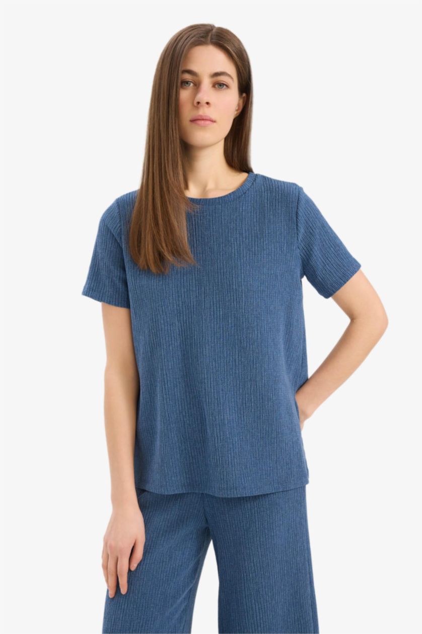 Kadın İndigo Regular Fit 2'li Bürümcük Takım Kısa Kollu Tişört Esnek Belli Kapri Alt