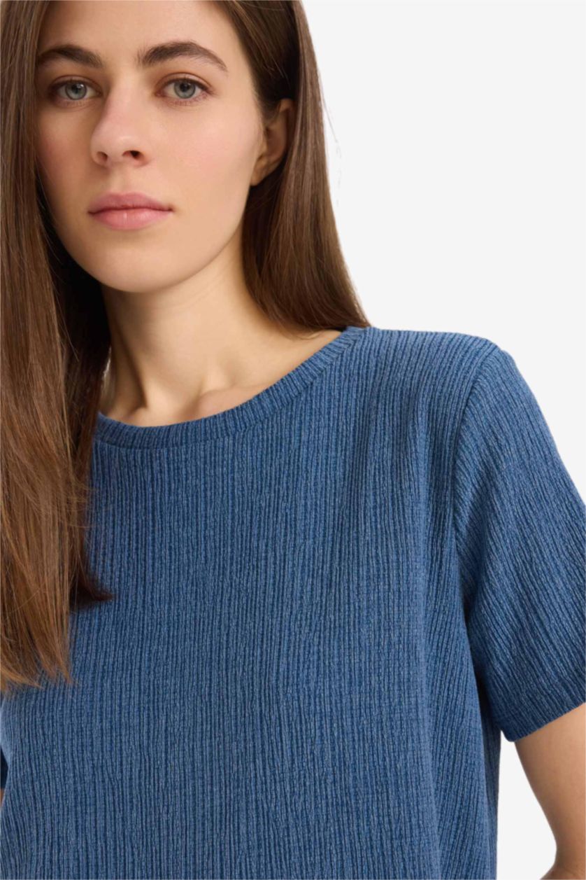 Kadın İndigo Regular Fit 2'li Bürümcük Takım Kısa Kollu Tişört Esnek Belli Kapri Alt