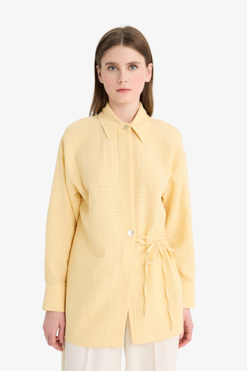 نساء أصفر قميص طويل موسلين قصة مريحة برباط