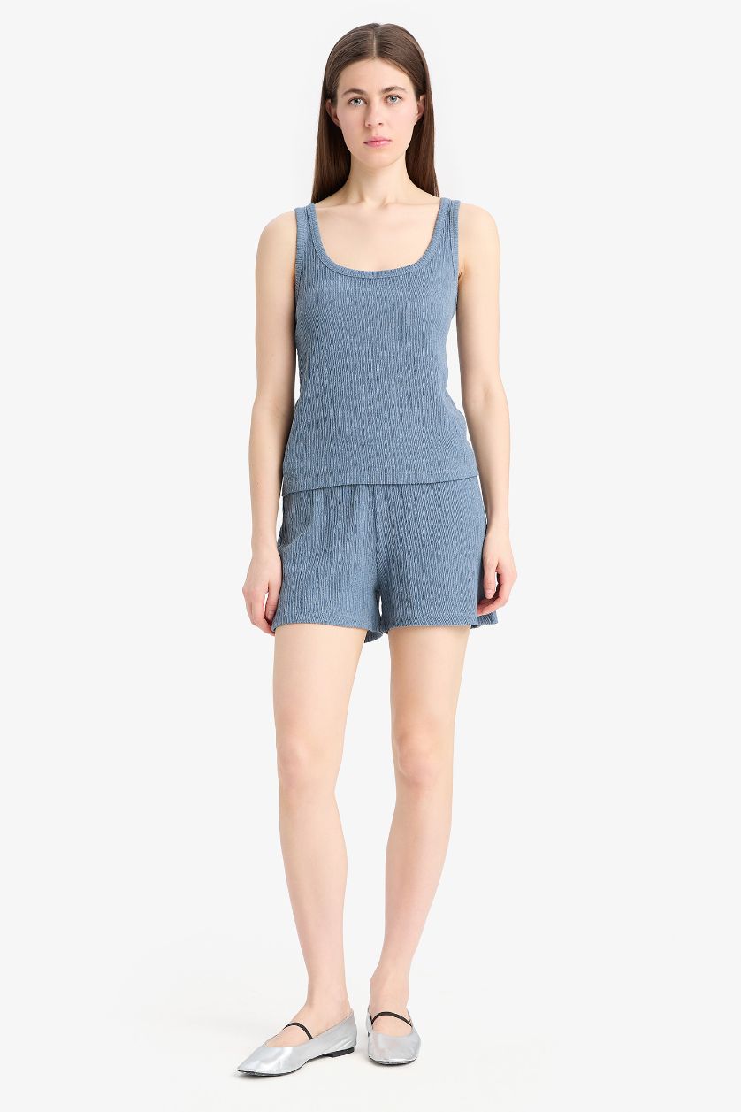 Kadın Mavi Regular Fit 2'li Takım Bürümcük Atlet Şort
