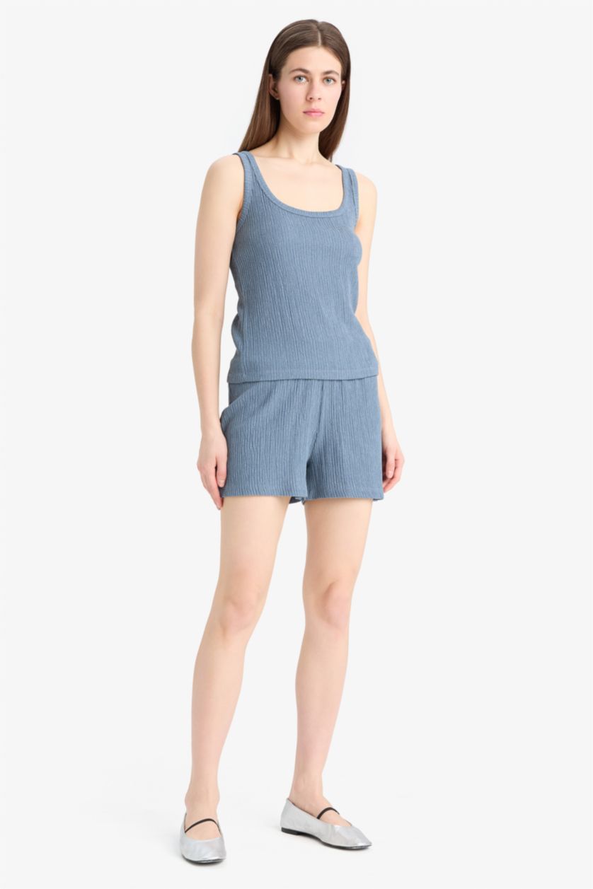 Kadın Mavi Regular Fit 2'li Takım Bürümcük Atlet Şort