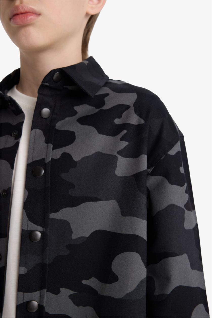 Erkek Çocuk - Genç Erkek Gri Oversize Geniş Kalıp Polo Yaka Kamuflaj Desenli Gabardin Uzun Kollu Gömlek Erkek Çocuk