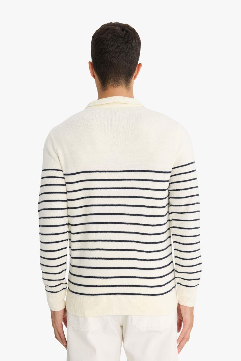 HOMME Écru Pull en tricot rayé à demi-zip Coupe Standard