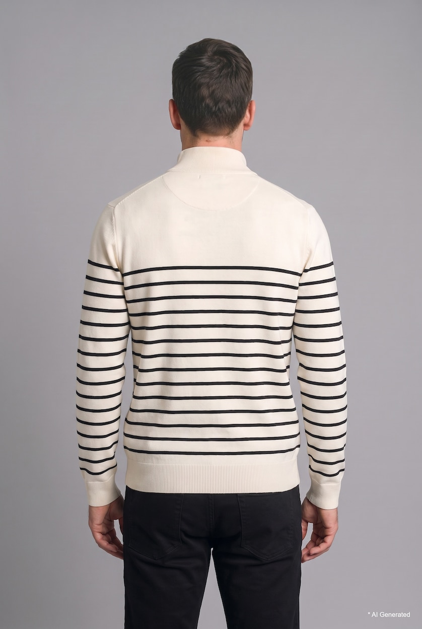 Men Ecru Standard Fit Striped Half-Zip Knit Pullover