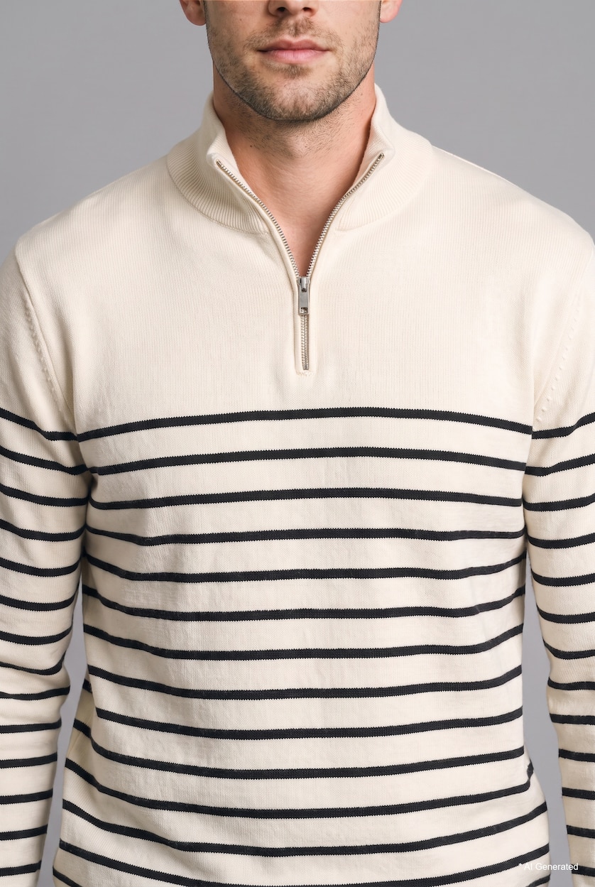 Men Ecru Standard Fit Striped Half-Zip Knit Pullover
