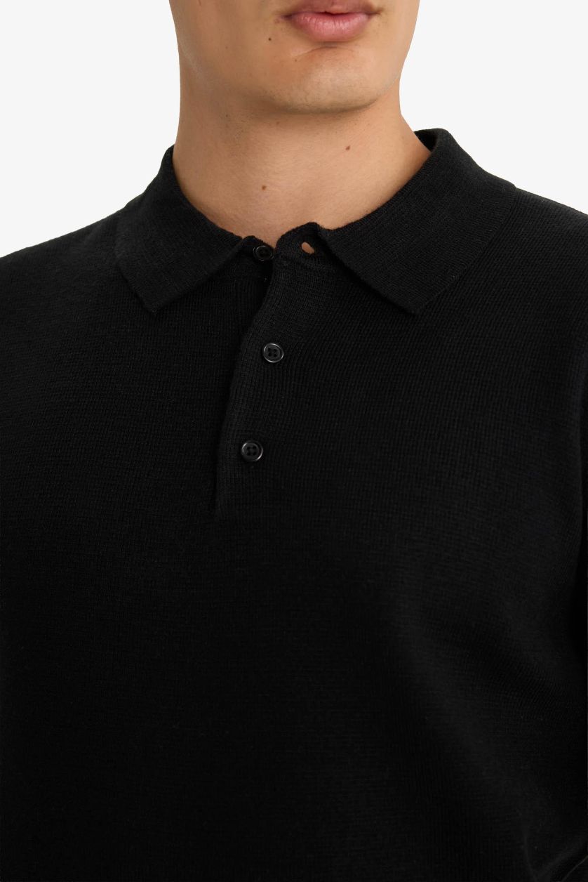 Man Black Standard Fit Polo Collar Knitwear Pullover
