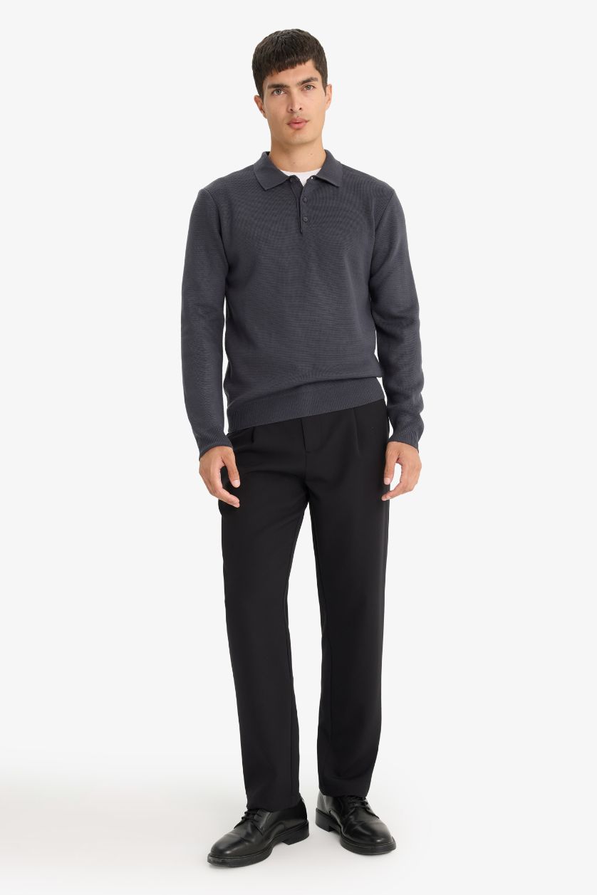 Erkek Koyu Gri Standart Fıt Polo Yaka Triko Kazak