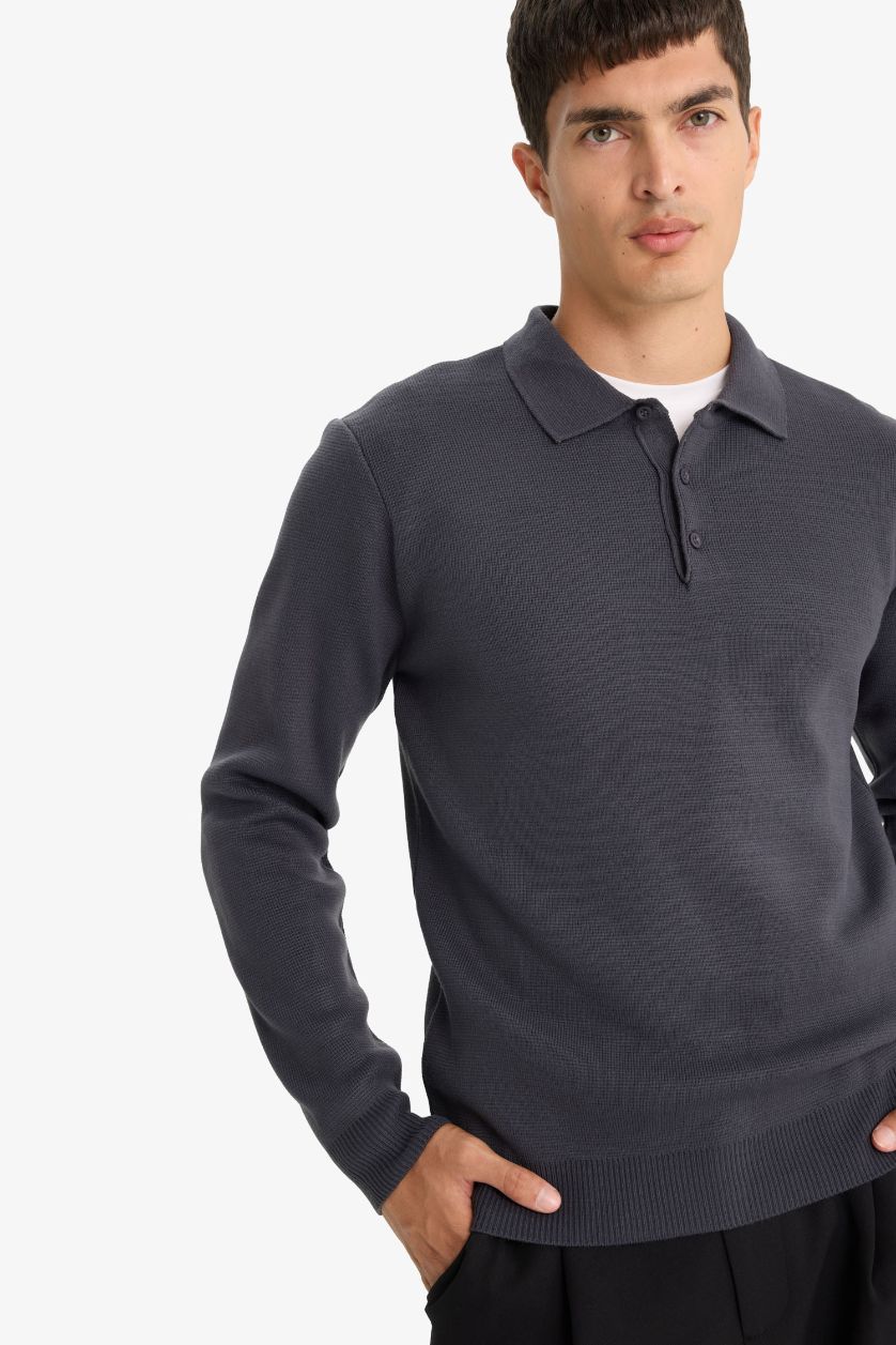 Erkek Koyu Gri Standart Fıt Polo Yaka Triko Kazak