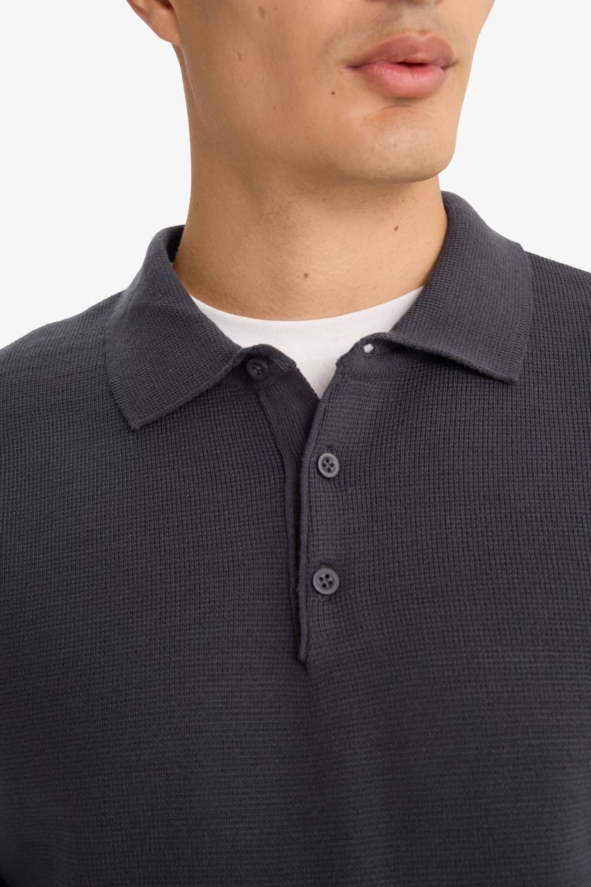 Erkek Koyu Gri Standart Fıt Polo Yaka Triko Kazak