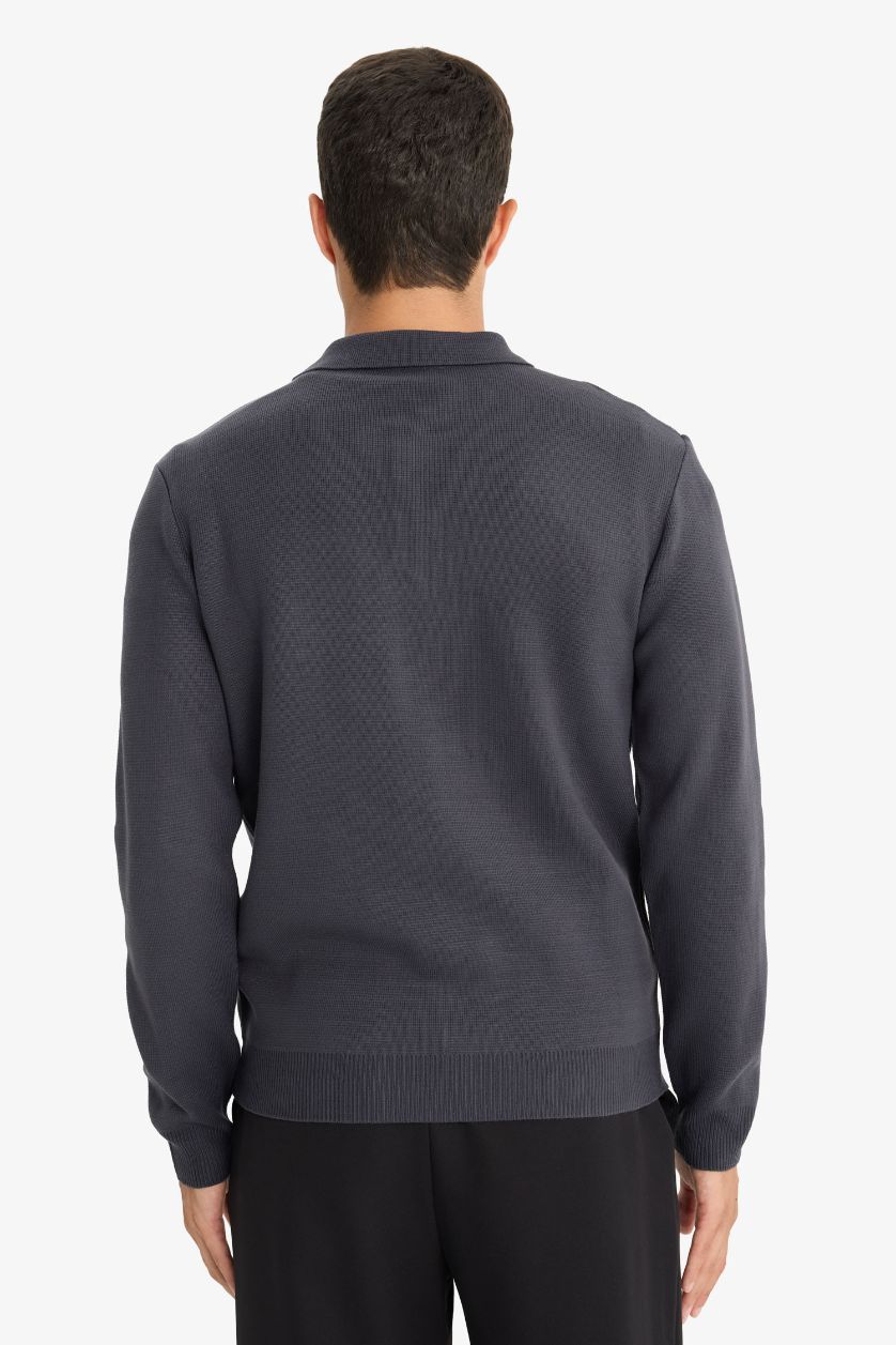 Erkek Koyu Gri Standart Fıt Polo Yaka Triko Kazak