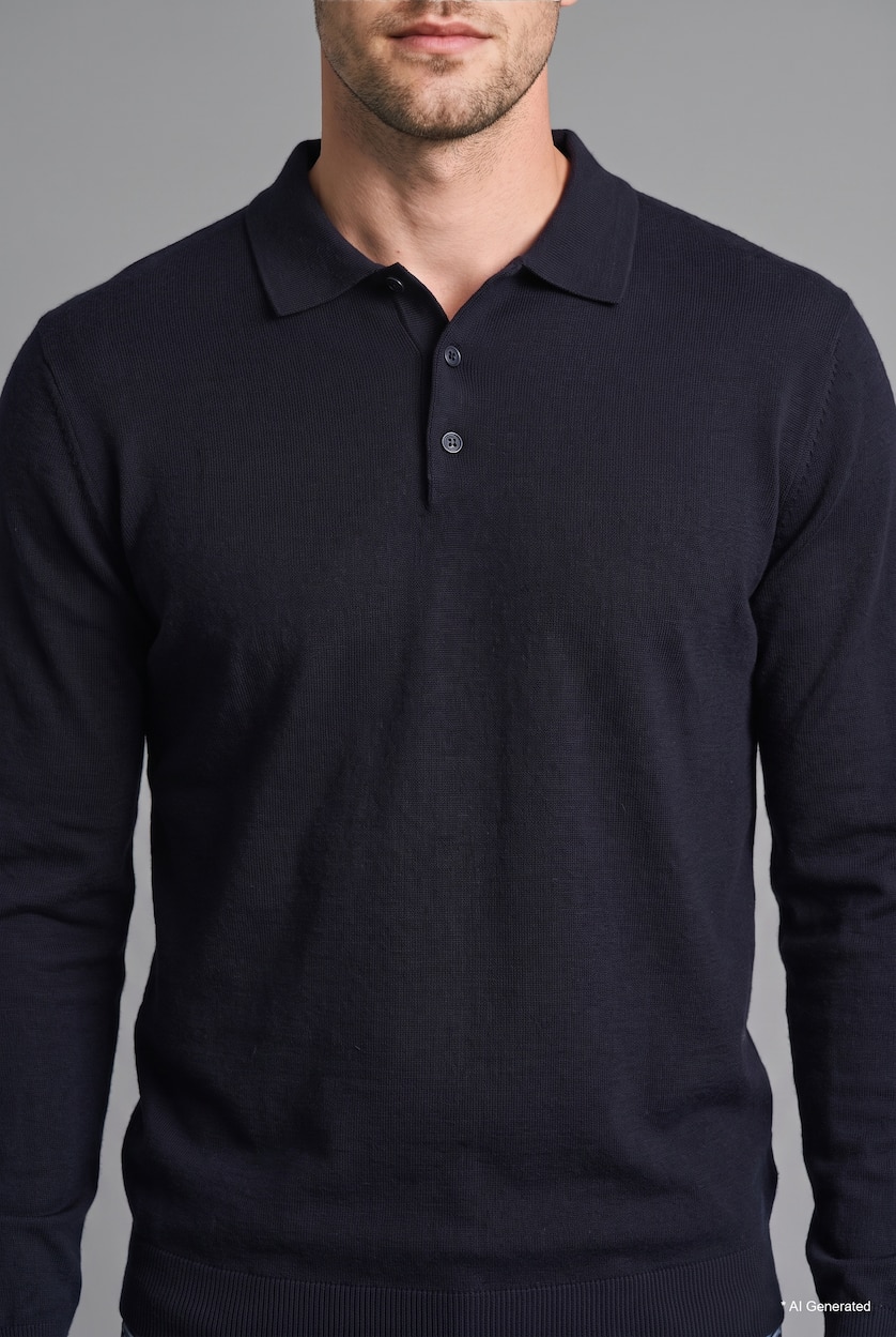 Men NAVY Standard Fit Knitted Polo Collar Sweater