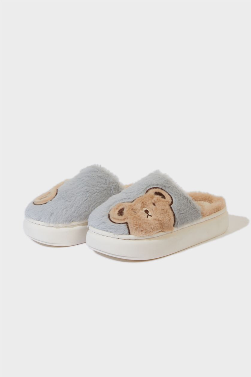 Kadın Gri Kadın Ayıcıklı Düz Taban Ev Terliği