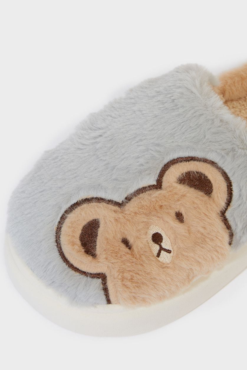 Kadın Gri Kadın Ayıcıklı Düz Taban Ev Terliği