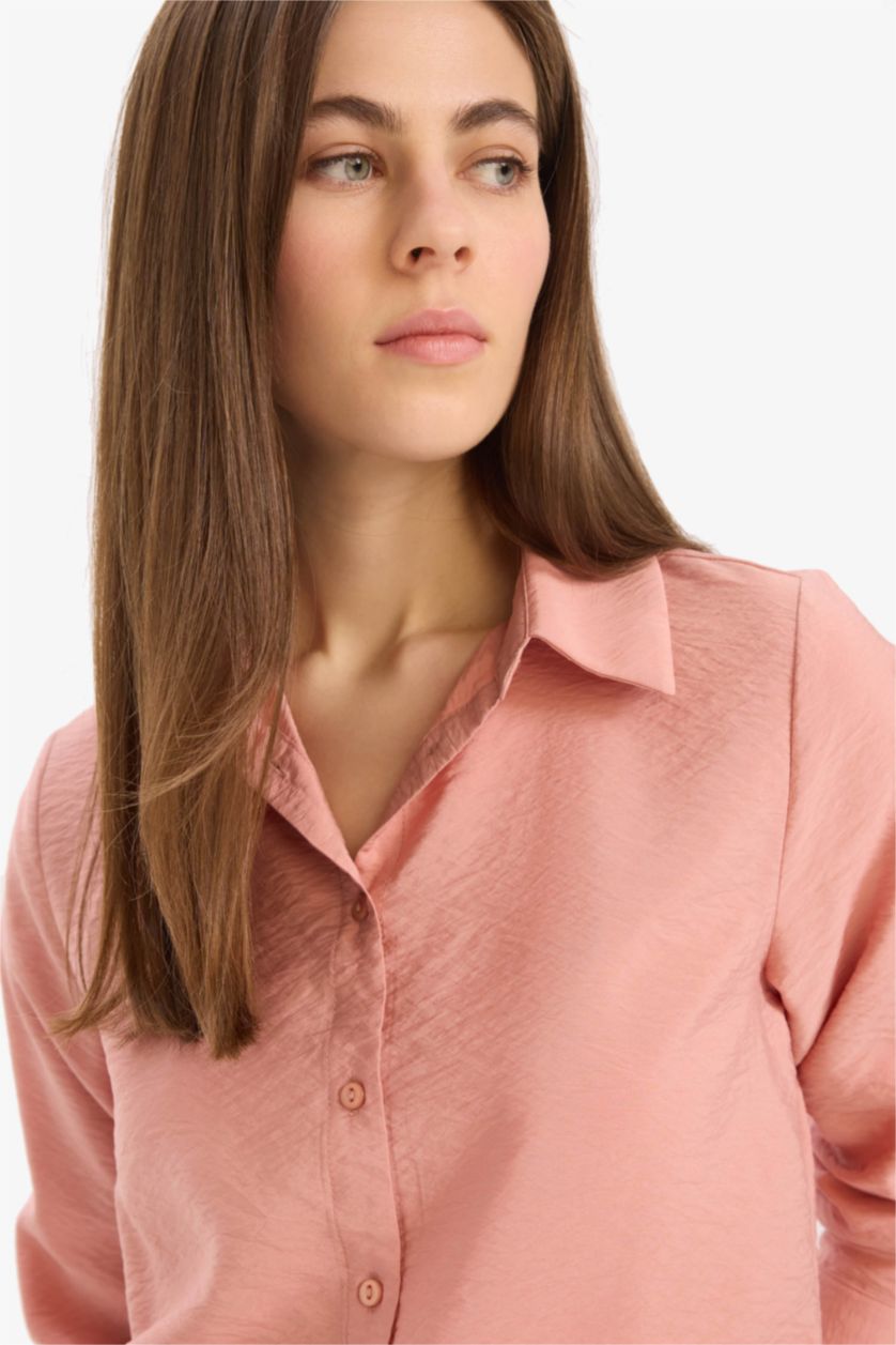 Kadın Gülkurusu Regular Fit Basic Düz Uzun Kollu Gömlek