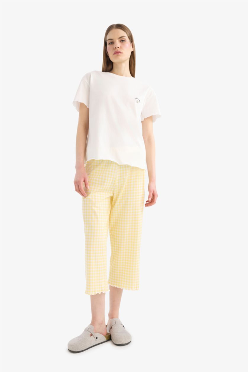 Kadın Sarı Pijama Takımı Kısa Kollu Üst Beli Lastikli Uzun Alt