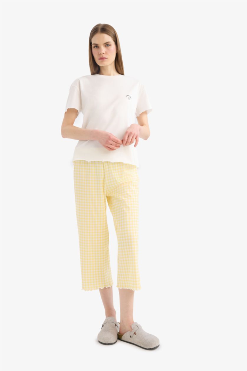 Kadın Sarı Pijama Takımı Kısa Kollu Üst Beli Lastikli Uzun Alt