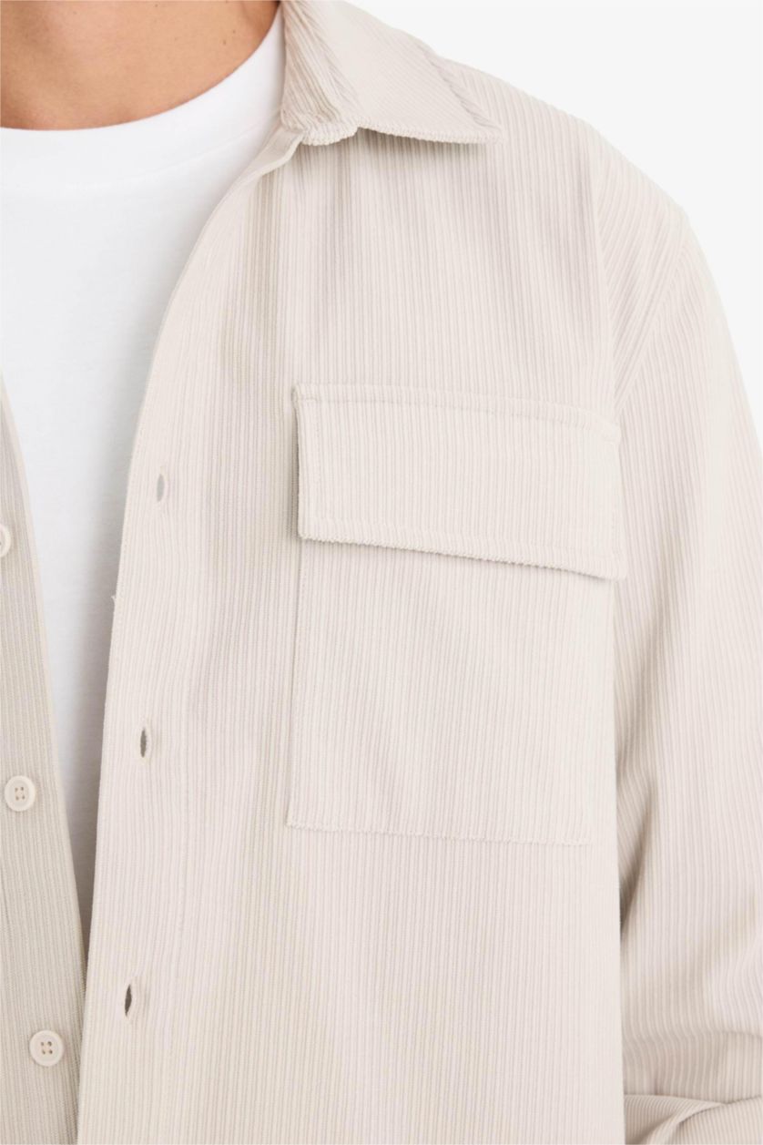 رجال اللون الحجري قميص مخمل قطيفة ردن طويل وقصة عادية مضلع