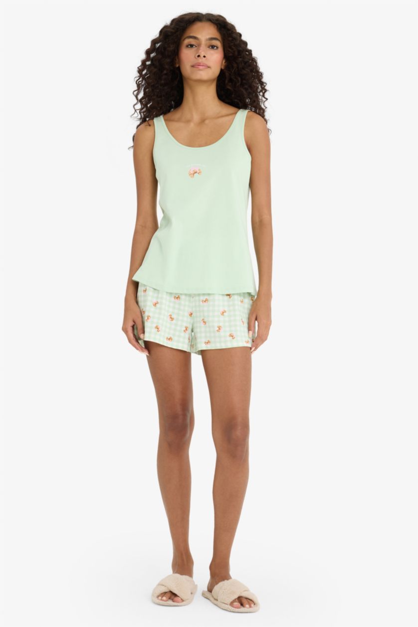 Kadın Mint Regular Fit Pijama Takımı Kolsuz Baskılı Üst Beli Lastikli Şort