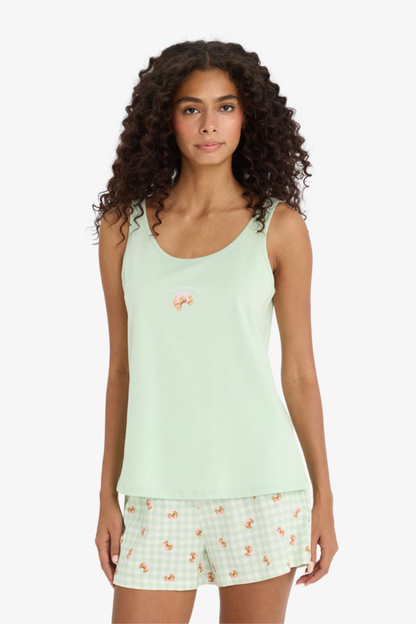 Kadın Mint Regular Fit Pijama Takımı Kolsuz Baskılı Üst Beli Lastikli Şort