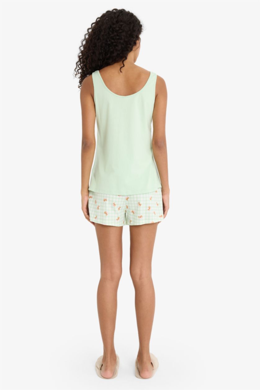 Kadın Mint Regular Fit Pijama Takımı Kolsuz Baskılı Üst Beli Lastikli Şort