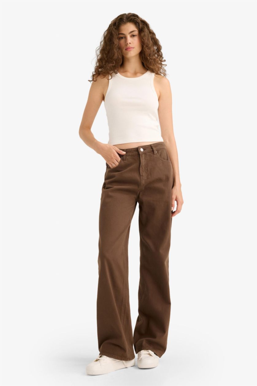 Женщины Коричневый Габардиновые брюки Straight Fit с нормальной талией и стандартной длиной