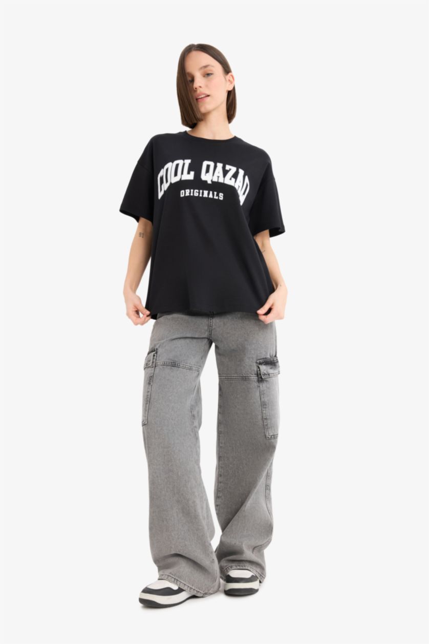 نساء أسود تيشيرت نص ردن اوفر سايز بياخة مستديرة