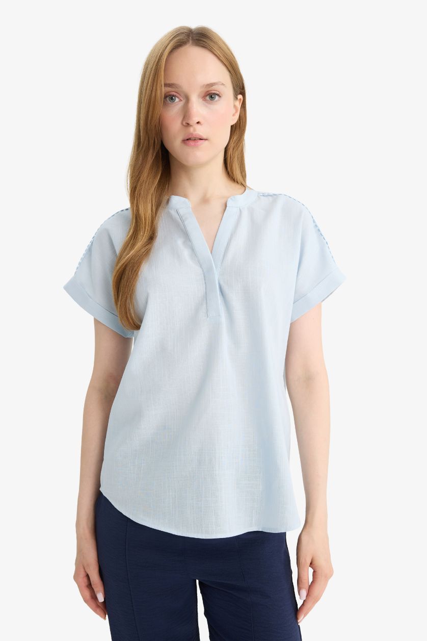 WOMAN Light Blue Regular Fit Crew Neck Flame Cotton Blouse