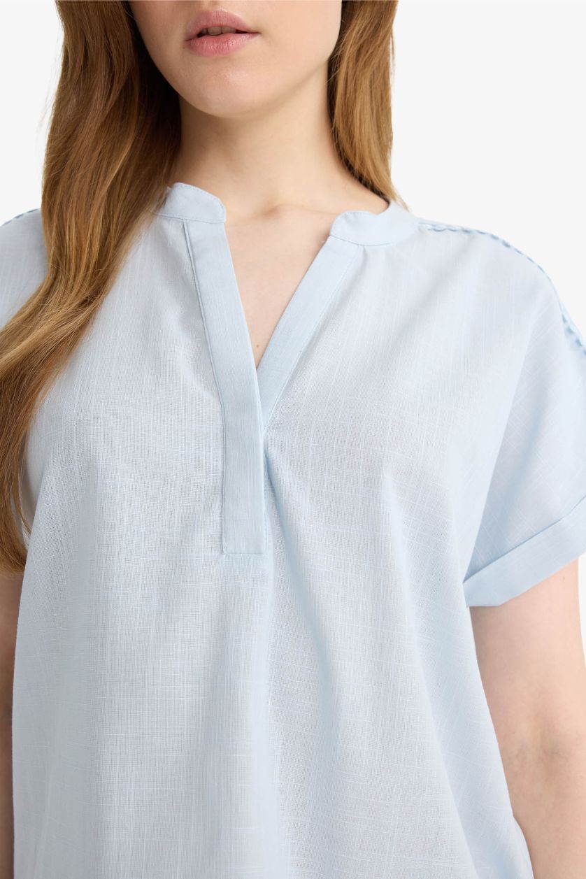 WOMAN Light Blue Regular Fit Crew Neck Flame Cotton Blouse