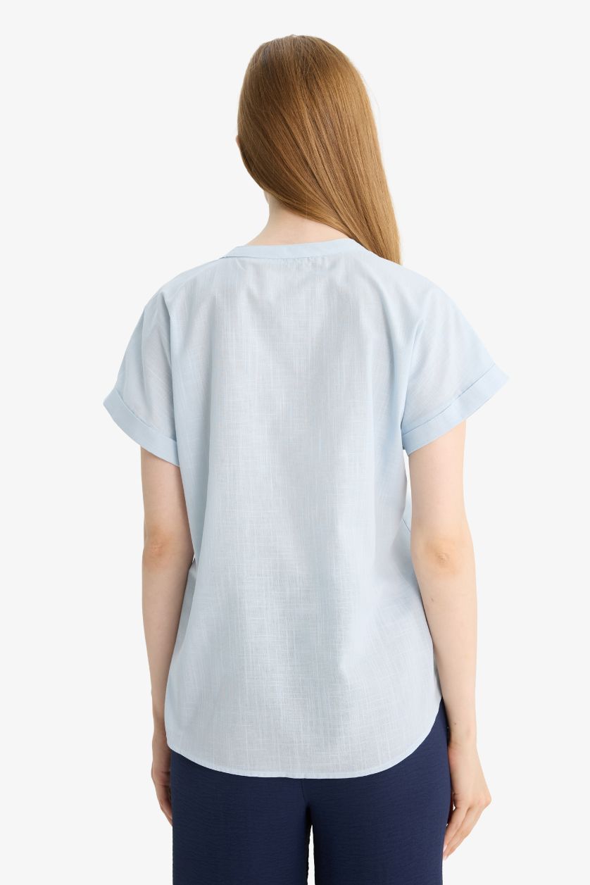 WOMAN Light Blue Regular Fit Crew Neck Flame Cotton Blouse