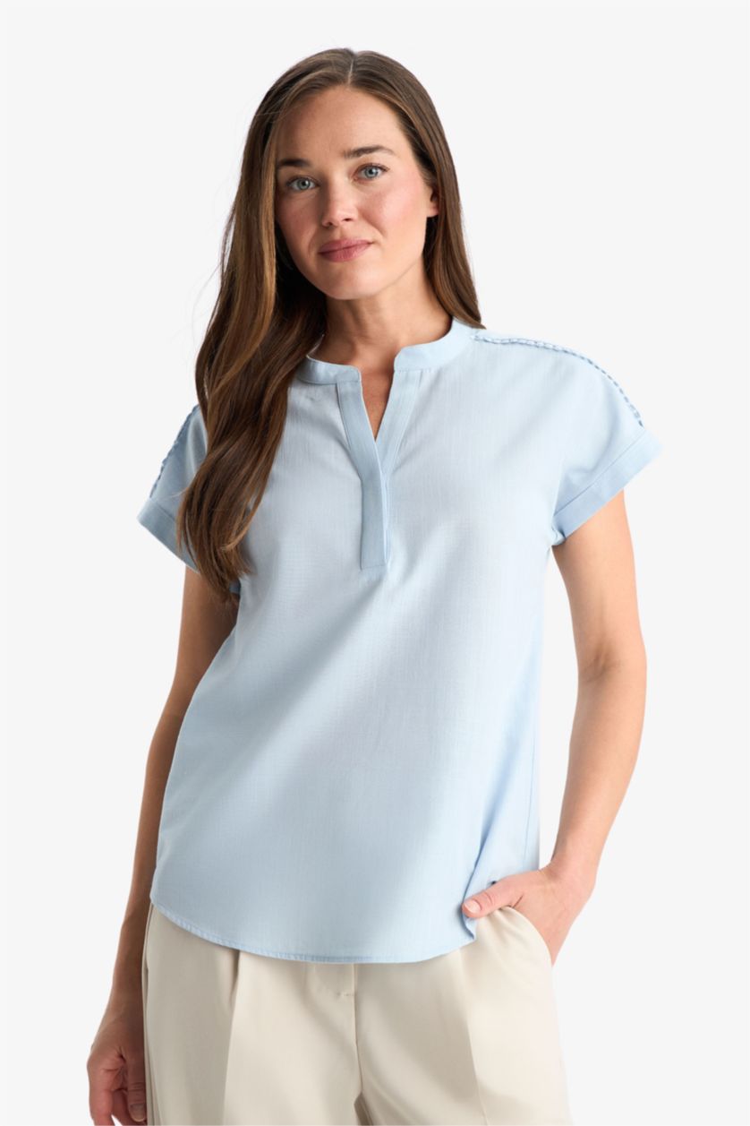 WOMAN Light Blue Regular Fit Crew Neck Short Sleeve Blouse