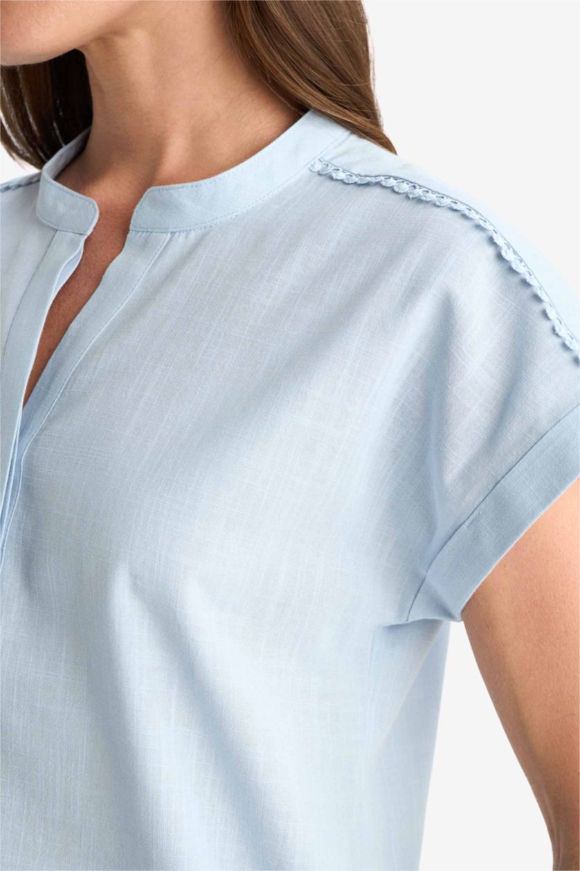 WOMAN Light Blue Regular Fit Crew Neck Short Sleeve Blouse