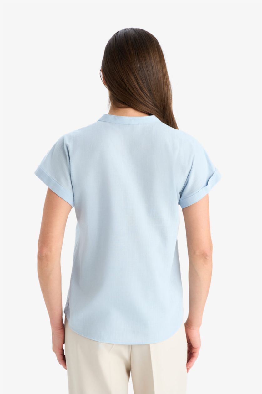 WOMAN Light Blue Regular Fit Crew Neck Short Sleeve Blouse