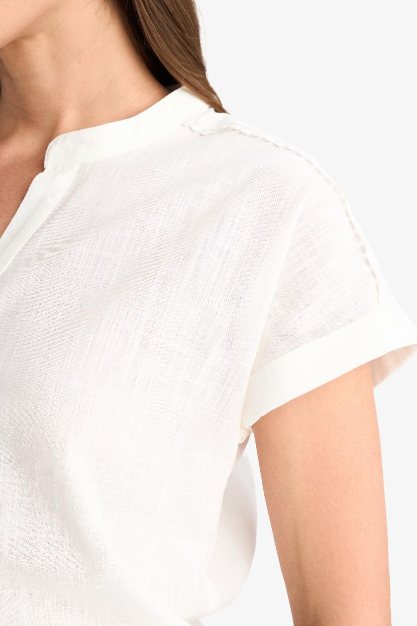 WOMAN Ecru Regular Fit Flam Cotton Short Sleeve Blouse