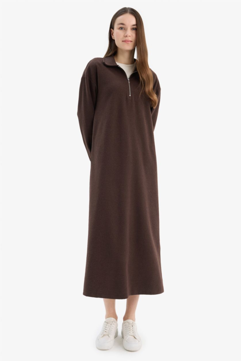 Woman Brown Loose Fit Zippered Polo Collar Basic Midi Dress