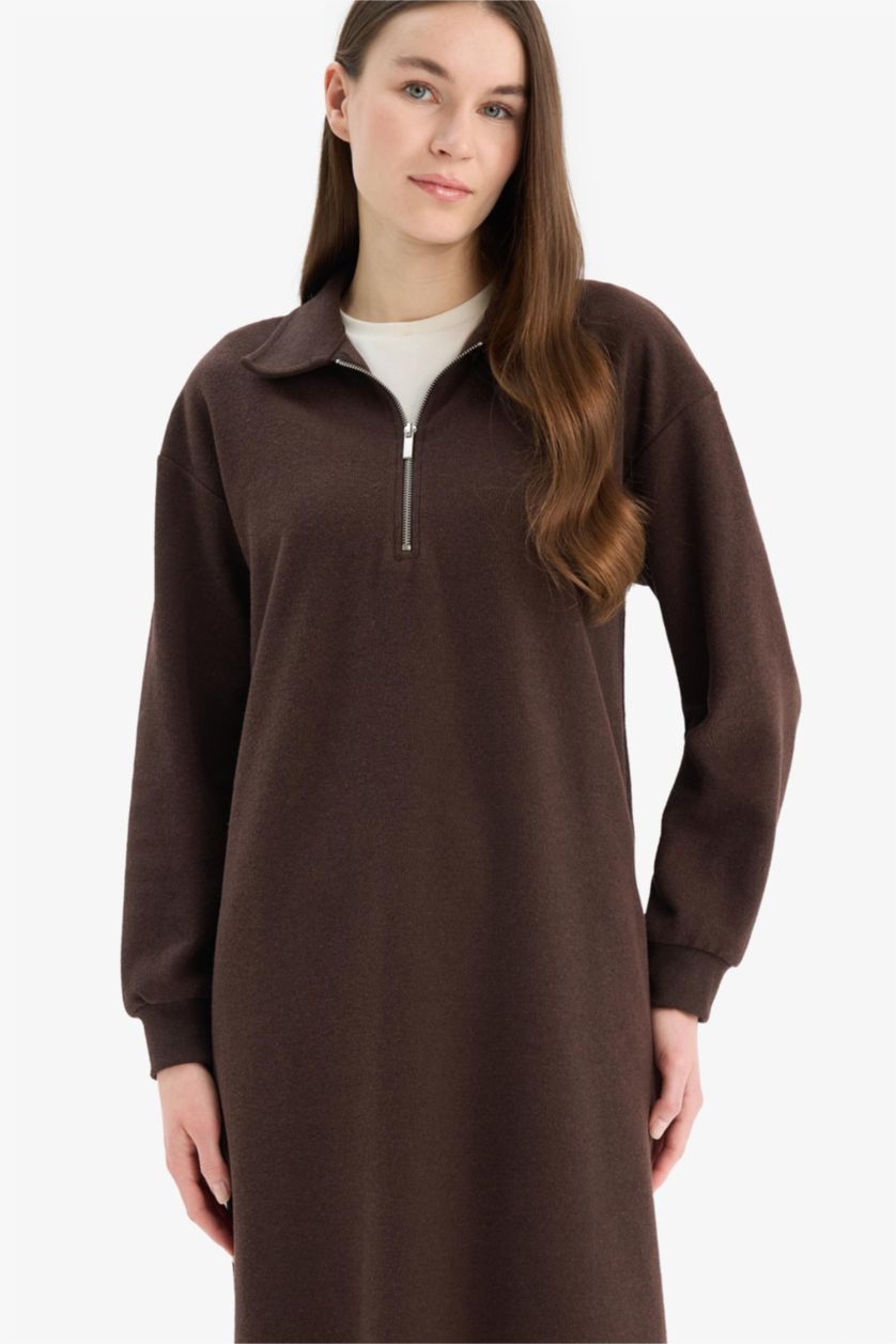 Woman Brown Loose Fit Zippered Polo Collar Basic Midi Dress