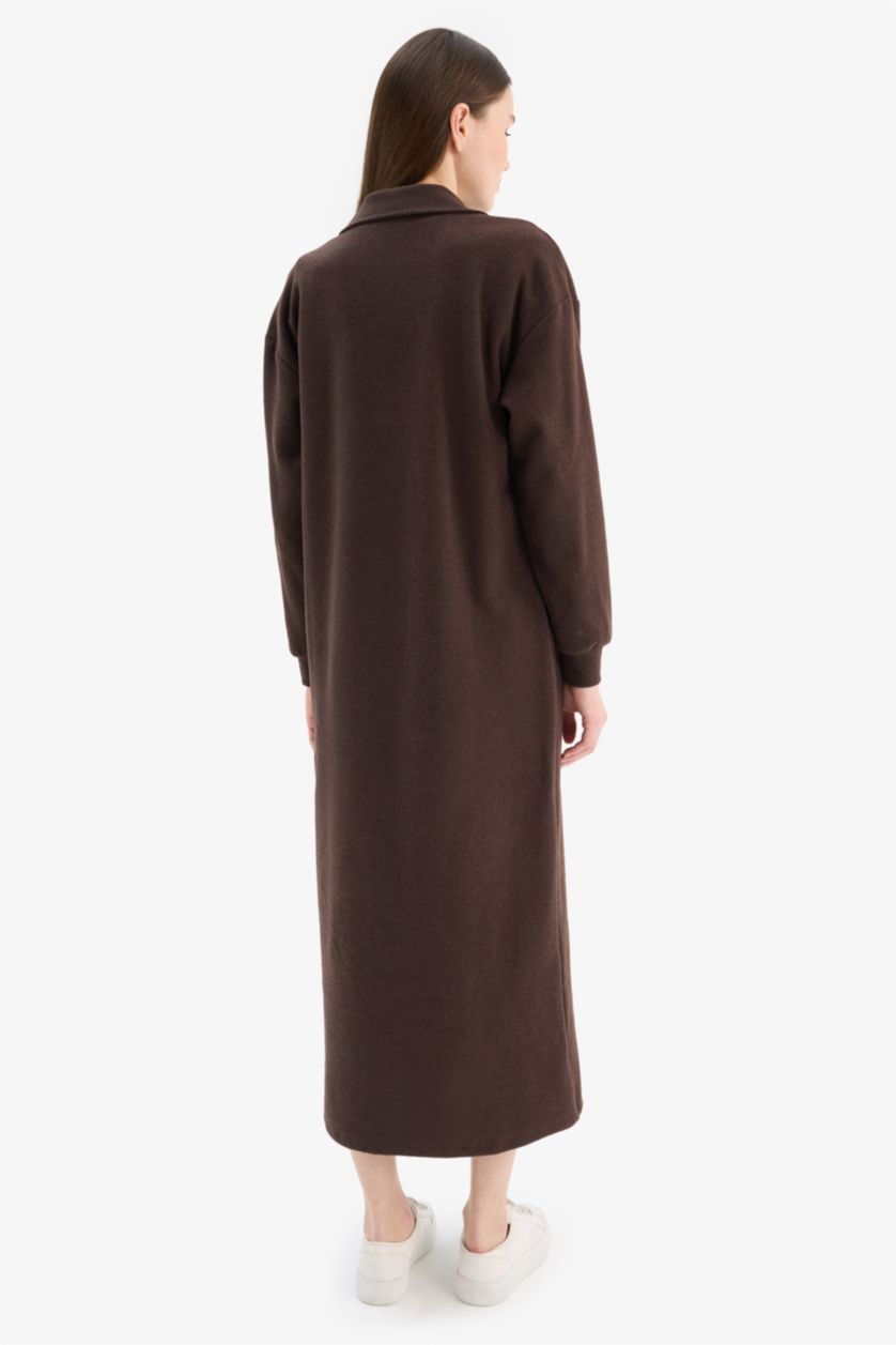 Woman Brown Loose Fit Zippered Polo Collar Basic Midi Dress