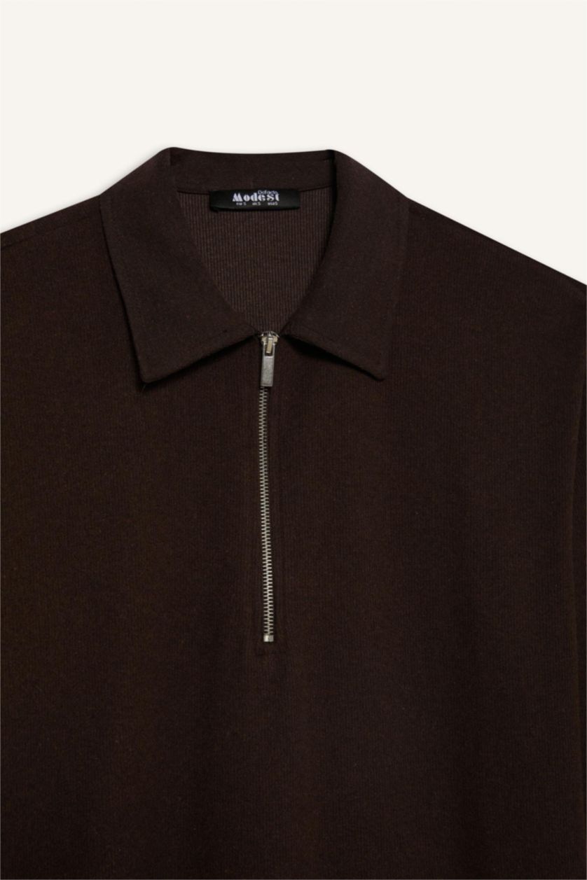 Woman Brown Loose Fit Zippered Polo Collar Basic Midi Dress