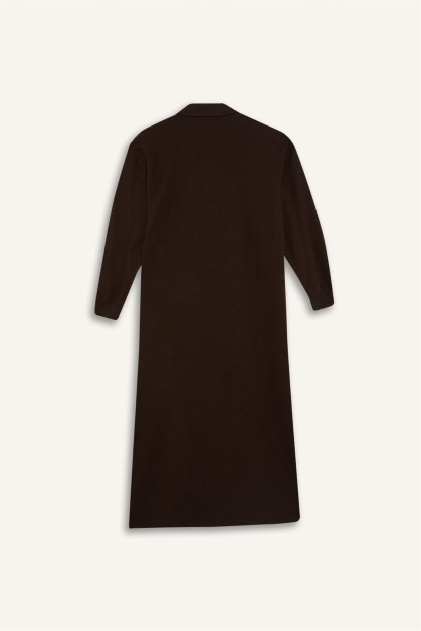 Woman Brown Loose Fit Zippered Polo Collar Basic Midi Dress