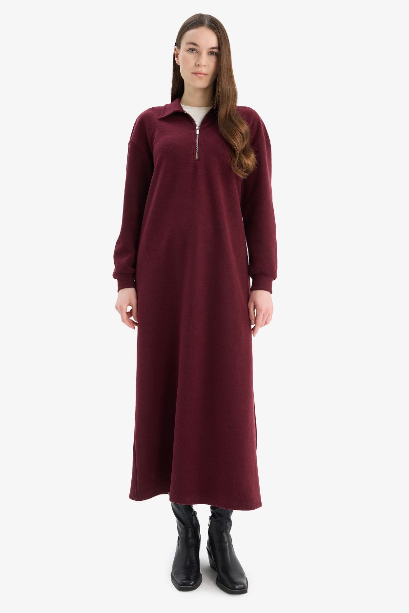Woman Bordeaux Loose Fit Zippered Polo Collar Basic Midi Dress