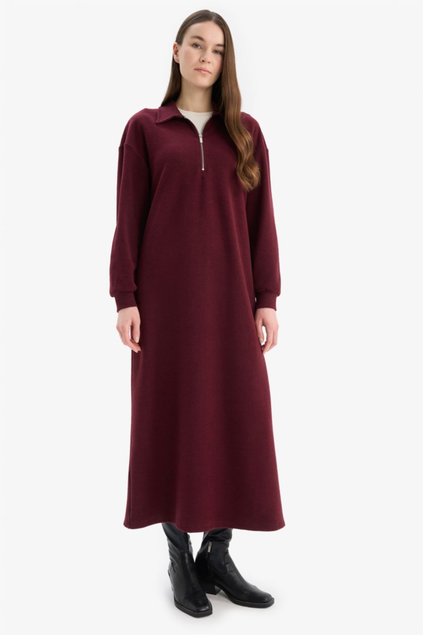 Woman Bordeaux Loose Fit Zippered Polo Collar Basic Midi Dress